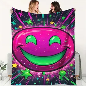 Cute Rose Red Cartoon Smiley Face Cartoon Pattern Flannel Blanket, Fashionable Cute Themed Cover Blanket, Soft and Fluffy Warm Blanket, Outdoor Sports Blanket, Gift Blanket, Suitable for Living Rooms, Sofas, Offices, Camping, and Travel.