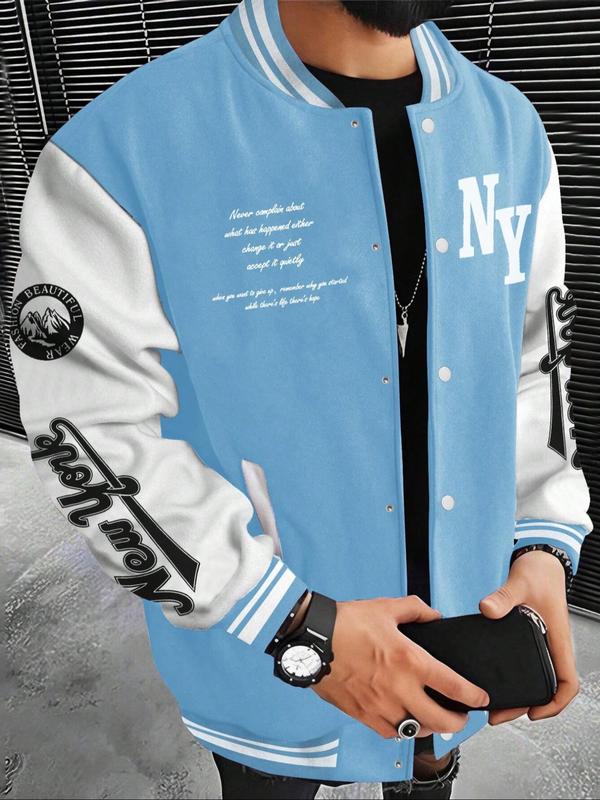 Men's Letter Print Baseball Collar Bomber Jacket, Loose Casual Sporty Long Sleeve Varsity Jacket for Fall & Winter, Men's Outerwear for Daily Wear