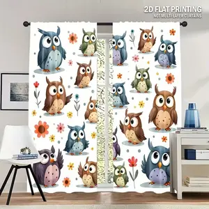 2pcs Polyester Cartoon Owl Drapes, Kids Room Bedroom Living Room Decor, 2D Print Pole Pocket Curtains, Fun Theme Window Treatments