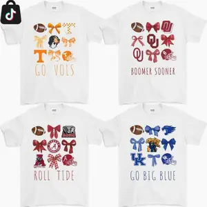 [Sale off 50%] Custom College Vintage College Football Bow White T-Shirt, Retro Football Coquette Tee, College All Team Football for Fan, Casual Game Day Shirt for Women Fit Womenswear Hand-Drawn T-Shirt 2YE