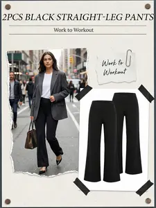 2PCS Women’s Casual SoftMotion Straight Leg Pants, High Waist with Pockets, Tummy Control & Elastic Waist, Perfect for Travel & Relaxation, Womenswear, Bottom
