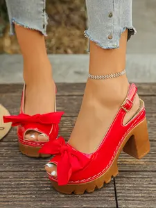 PU Leather Adjustable Strappy Sandals Summer Women with Bow, Fish Mouth Design, Wooden Heel, Waterproof Platform, Adjustable Anklet Buckle, Casual Style