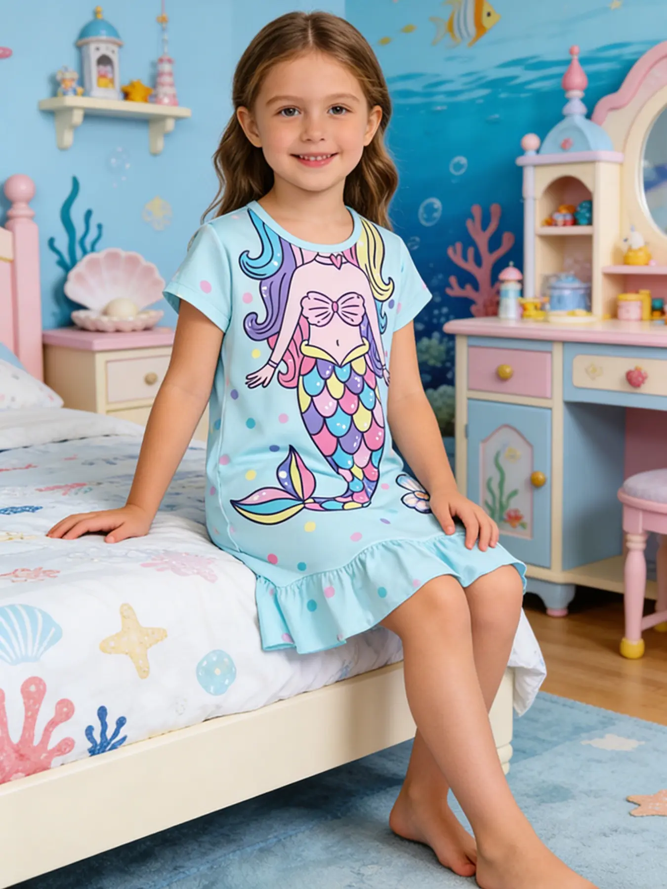 Cute Mermaid Pattern Short Sleeve Long Nightgown for Girls, Cartoon Design Sleepwear, Comfortable and Adorable Pajamas for Kids, Cartoon Print Pajama, Nightdress, Summer Pjs