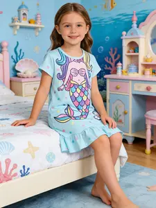 Cute Mermaid Pattern Short Sleeve Long Nightgown for Girls, Cartoon Design Sleepwear, Comfortable and Adorable Pajamas for Kids, Cartoon Print Pajama, Nightdress