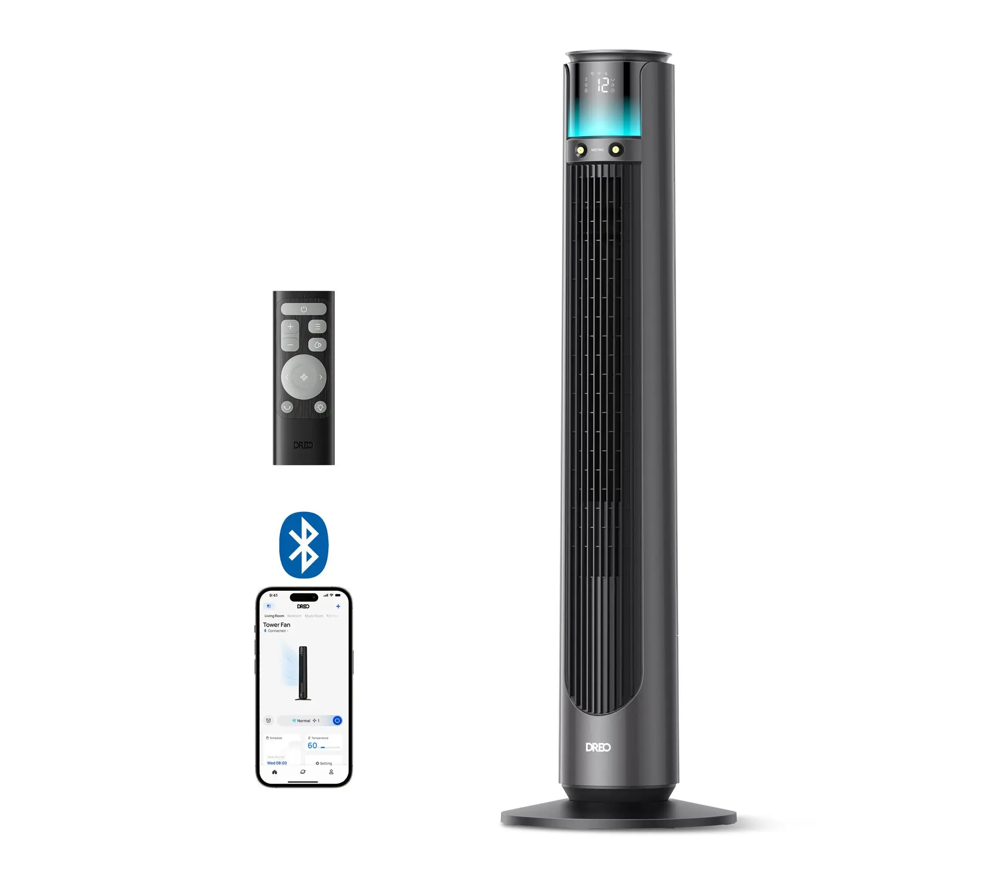 DREO 42 in. 12 Speeds Smart Outdoor Misting Tower Fan in Grey