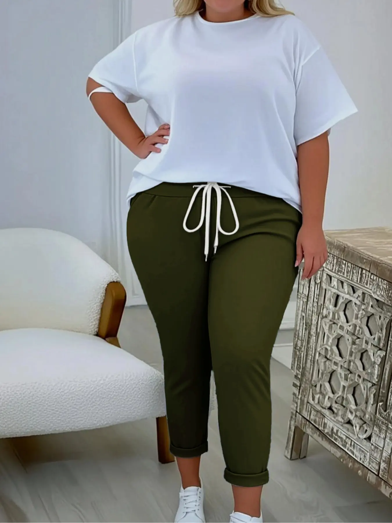 fashionable plus-size women's casual Fitted Woven long pants, Casual Plain Trousers, Bottoms