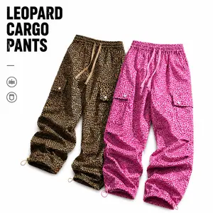 Two colors leopard print cargo pants — pink/brown; street style, elastic waistband with drawstring, wide-leg, versatile trendy casual pants