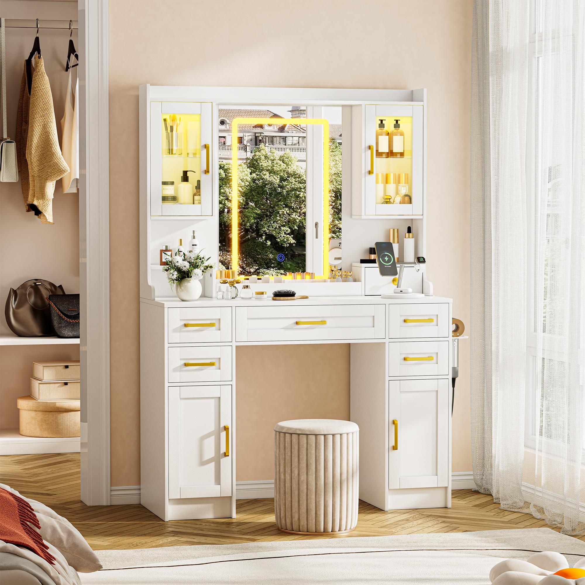 Summervibes LHBcraft Makeup Vanity with 16 RGB Colors LED Lights, Adjustable Dressing Table with LED Lights, Vanity Mirror Desk with Ample Storage& Charging Station