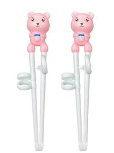 Pack of Bear Shaped Reusable Training Chopsticks for Beginners, Chopstick Learning Helper Utensils with Thumb Ring and Nonslip Silicone Rings - Pink