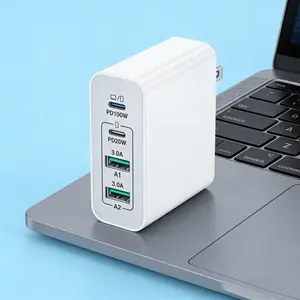 140W 4-Port GaN Charger, 2 USB-C 2 USB-A, 100W Max PD Fast Charging Block, Portable Wall Charger with Overcharge Protection for Laptop MacBook iPhone Android