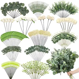 15 Kinds Mixed Artificial Eucalyptus Leaves Stems and Faux Flowers Bulk, Fake Silvery Dollar Eucalyptus Bundle Plants Greenery Branches for Wedding Vase Bouquets Floral Arrangement Home Decor, Table Centerpiece, Event Styling, Artificial Foliage