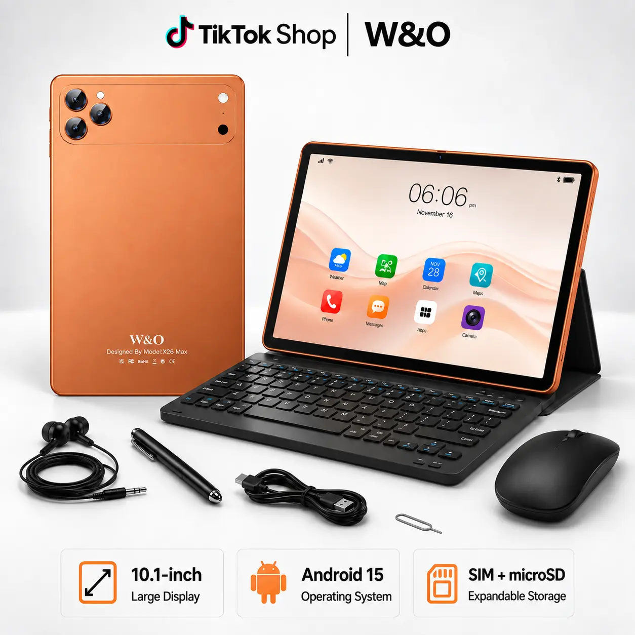 W&O 2026 Android 15 Travel Tablet, 10.1"/10.95" Large Screen, 256GB Storage, Dual-Band WiFi, SIM & microSD Support, Keyboard, Mouse, Case & Stylus Included for Streaming, Reading, Road Trips & Everyday Entertainment