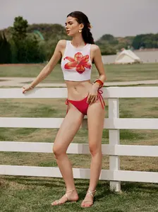 Knotted Triangle Tie Side Bikini Set & Flower Cover Up Top