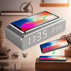 Wireless charger with LED alarm clock and thermometer suitable for iPhone 16 15 14 13 12 11 8 Plus Pro Max Xs, AirPods 2nd and 3rd generations, iWatch 9 8 7 6 5 4 3 2 SE Ultra, Samsung Galaxy S8 S9, S20 to S23 Note 8 9 10 and 20 series alarm clock