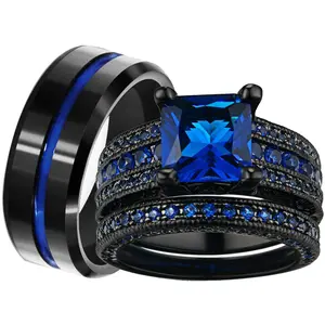 Ringcrown Couple Rings Black Matching Ring Princess Cut 1.5ct Blue AAA CZ Women Wedding Ring Sets For Him And Her Men Titanium Steel Wedding Band IP Plating No Allergies Comfortable Wear