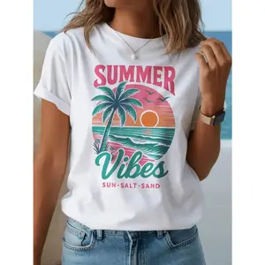 Women'S Pastel Pink & Turquoise Palm Tree T-Shirt - Lightweight Breathable Summer Beach Vacation Top, Relaxed Fit Short Sleeve Casual Hawaiian Shirt For Poolside Outfits, Travel Wardrobe Essential - Ideal For - Holiday Outfit Gift,women summer top