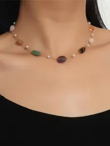 Mixed Color Natural Stone & Faux Pearl Decor Necklace, Dainty Pearl Necklace, Fashion Jewelry for Party, Daily Clothing Decor, Trendy All-match & Exquisite Jewelry for Birthday Gift