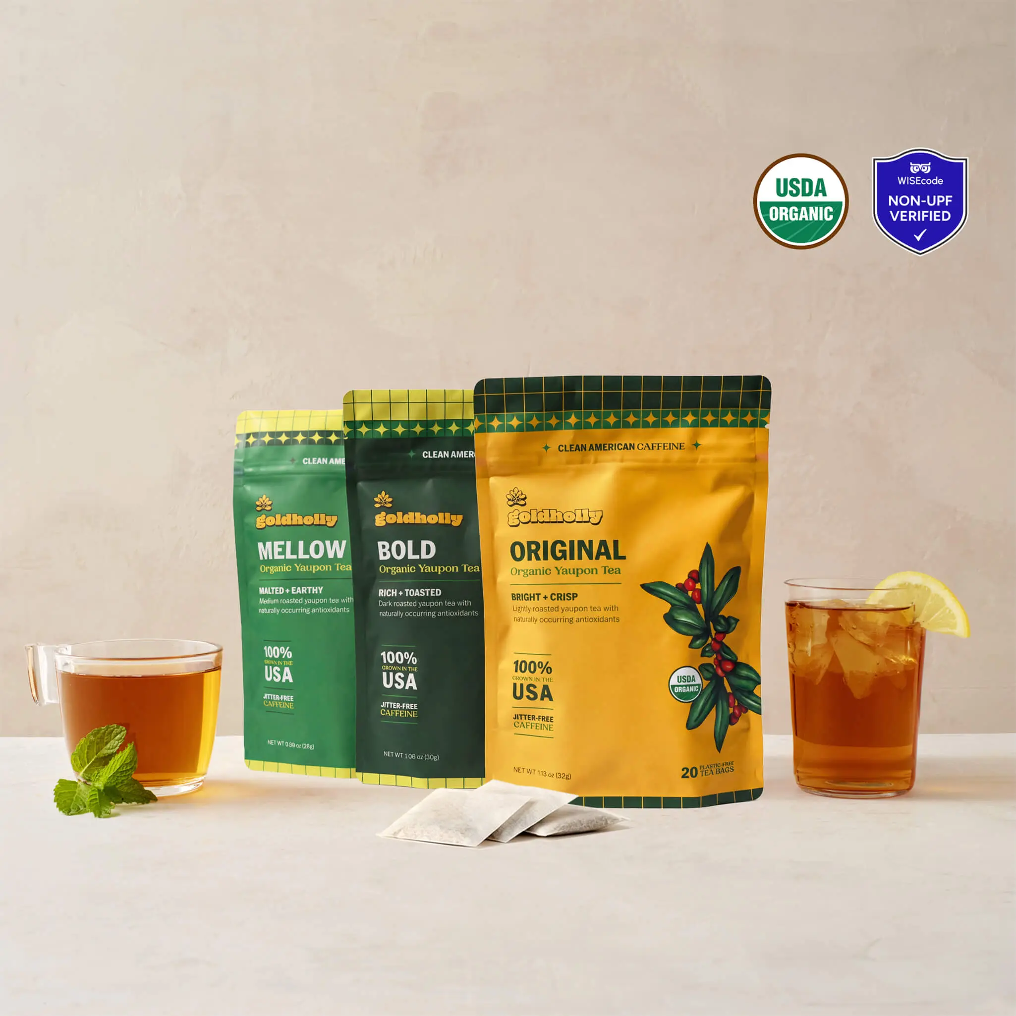 Goldholly Variety Bundle - Original, Bold, Mellow - Organic Yaupon Teabag Beverage