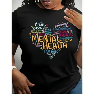 [Mental Health T-Shirt] Women's Casual Crew Neck T-Shirt | Short Sleeve, Regular Fit, Mental Health Awareness Geometric Pattern, 180g/m², All Season Pullovers