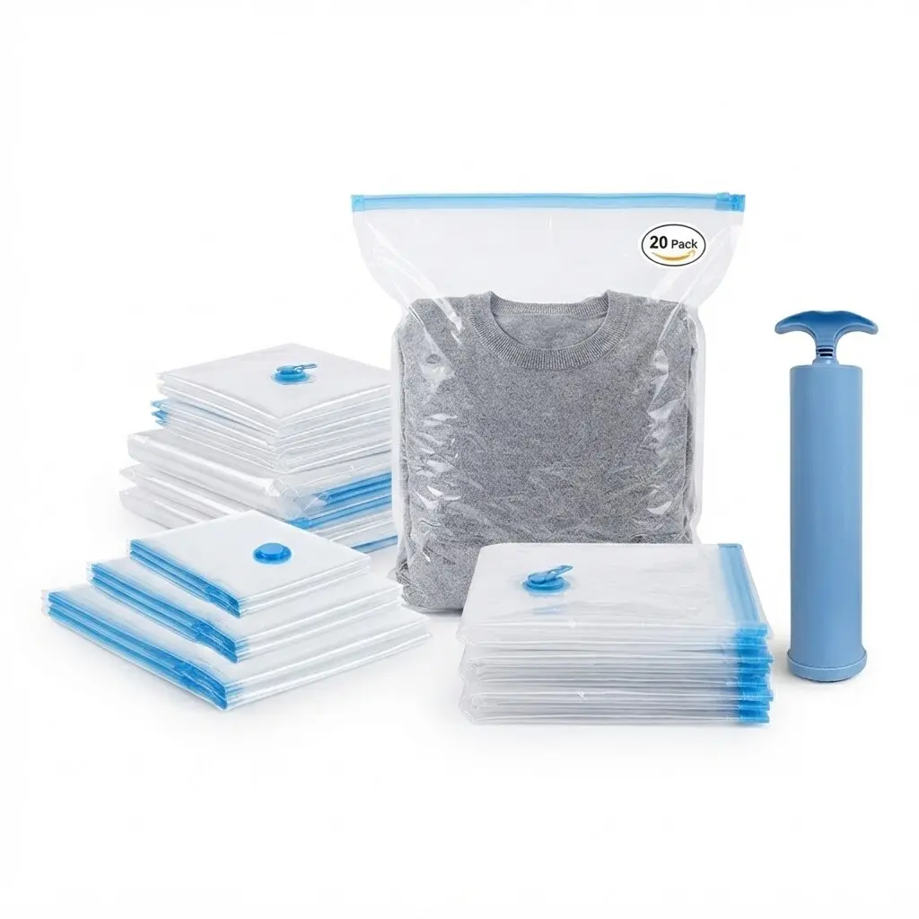 20 Pack Travel Vacuum Storage Bags with 1pc Hand Pump, Space Saving Compression Bags for Clothes, Bedding, Blankets, Duvets & Quilts, Airtight Leakproof Reusable Organiser Bags for Home & Travel