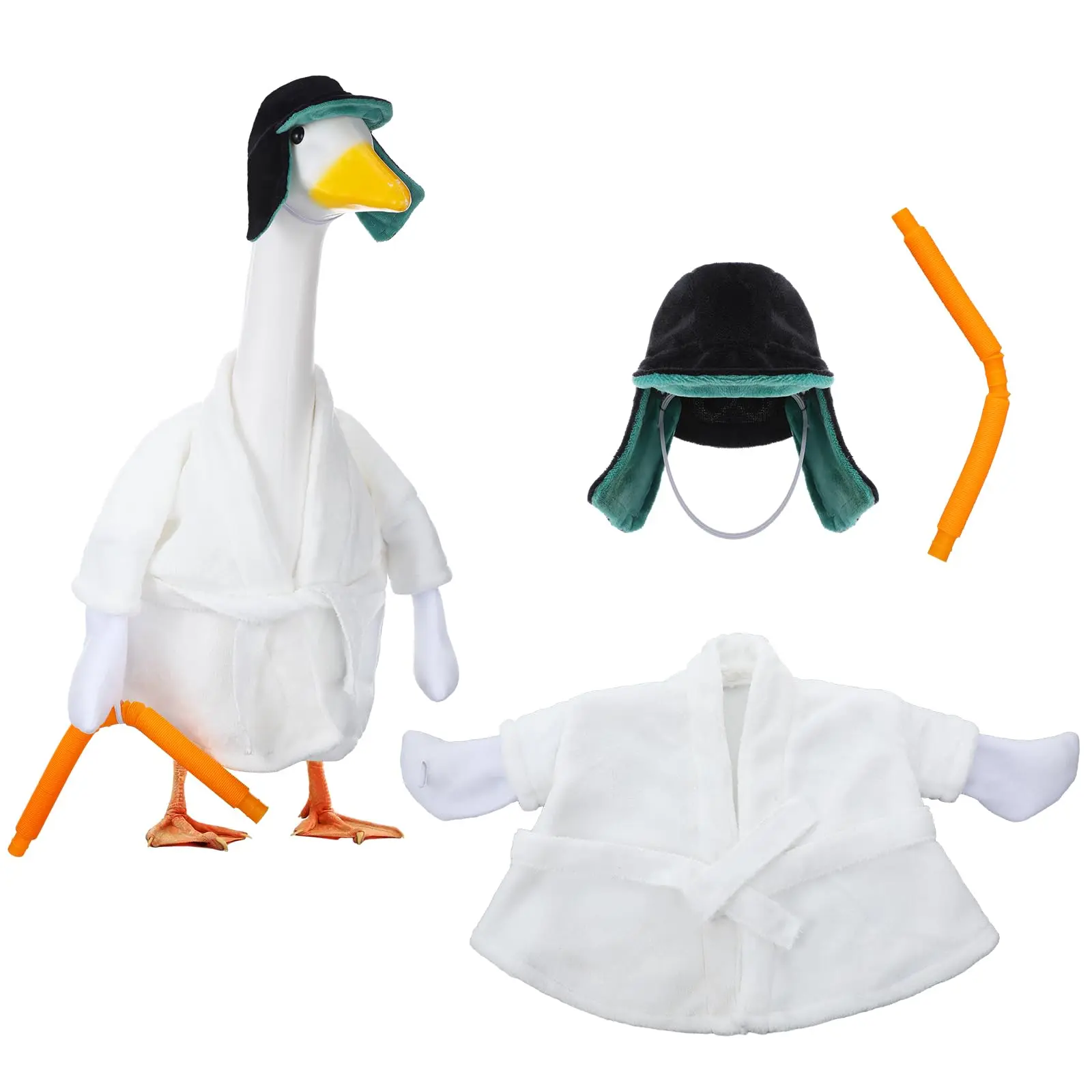 Christmas Porch Goose Outfit Cousin Robe Porch Goose Clothes Fit 23'' Cement Statue(not included goose) Funny Porch Goose Bathrobe with Ear Flap Trapper Hat + Handheld Drain Pipe for Christmas Vacation Outdoor Lawn Yard Patio Holiday Garden Decor