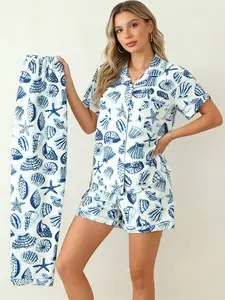 Minimalist Vacation Style 3 Piece Seashell Pajama Set Women, Short Sleeve, Shorts & Long Pants, All Year Round Wearable, Coastal Print, Button Down Top, Lightweight Fresh Home Outfit