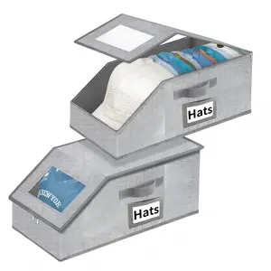 2 PCS Stackable Hat Storage for Baseball Caps, Holds up to 24 Caps Hat Organizer for Closet, Sturdy Snapback Boxes for Men with Cardboard, Stackable Hat Box in Breathable Linen Fabric, Clear Window Closet Storage for Caps, Grey