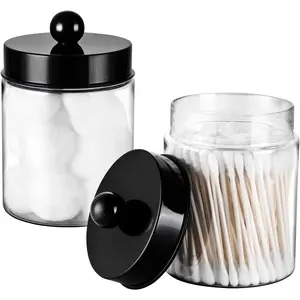 Apothecary Jars Bathroom Vanity Storage Organizer Set -Countertop Canister Plastic Acrylic Jar - Farmhouse Decor Qtip Holder for Cotton Swabs,Makeup Sponges,Flossers,Paper Clips -Black(2)