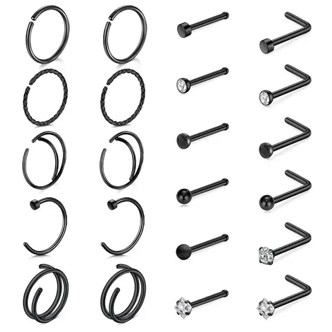 22pcs/set Unisex Rhinestone Decorated Hinged Nose Ring, Stainless Steel Nose Piercing Jewelry, Body Jewelry Accessory, Body Jewellery, Body Piercings for Party & Daily Decoration
