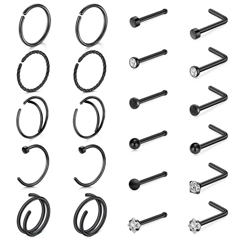 22pcs/set Unisex Rhinestone Decorated Hinged Nose Ring, Stainless Steel Nose Piercing Jewelry, Body Jewelry Accessory, Body Jewellery, Body Piercings for Party & Daily Decoration