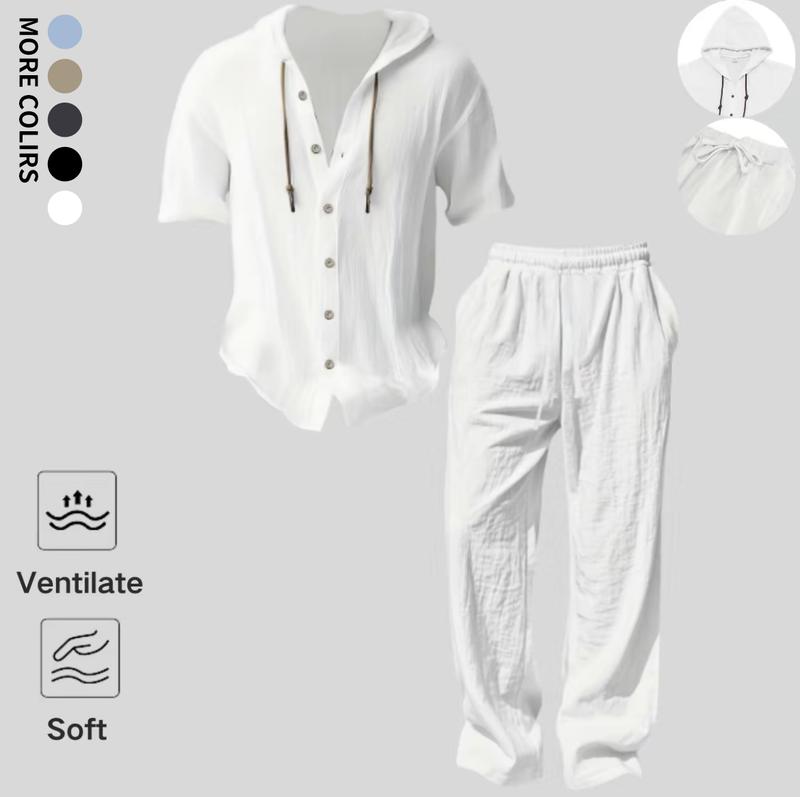 Soft breathable wrinkled texture hooded short sleeve button shirt matched with elastic drawstring long trousers, lightweight ventilated fabric loose relaxed silhouette comfy casual essential for daily vacation minimalist mensfashion outfits