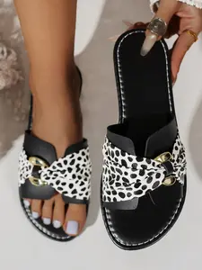 Women's Fashion Flat Sandals, Elegant Leopard Print, Buckle, Cute Versatile Beach Shoes for Outdoor Activities, Fashionable Sling Sandals