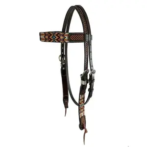 Two Tone Argentina Cow Leather Browband Headstall with Southwest Beaded Inlays