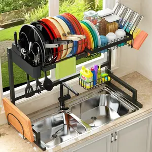 Over The Sink Dish Drying Rack (Expandable Height and Length) Snap-On Design 2 Tier Large Dish Rack Stainless Steel