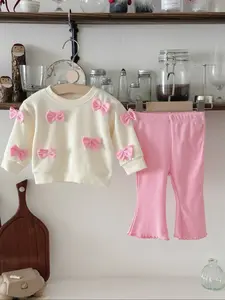 Cute Bow Decor Sweatshirt & Flare Leg Pants, Casual Soft Comfy Long Sleeve Pullover & Bell Bottom Trousers for Spring & Fall, Newborn Infant Baby Clothes Girl Kids Clothes