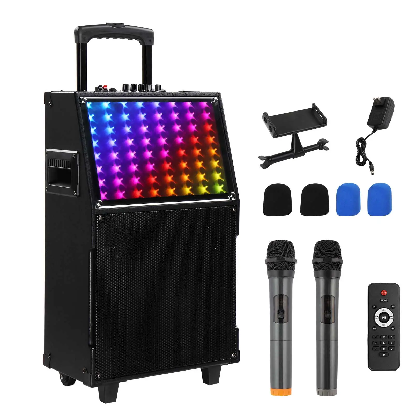 Flower Dance 12in 60W Wood Portable Wireless Party Speaker - KTV System with 7 Gears Lighting Mode, LED Spectrum Light, Bluetooth, Bass Boost, Charger, 1 Remote, 2 Mics, Auxiliary Input, 11.20kg for Smartphones/Tablets, Home Theater Audio, Ktv Speaker Sys