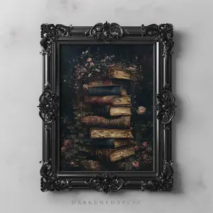 Vintage Botanical Print, Dark Academia Antique Vintage Books And Roses Wall Art, Moody Floral Literary Art Victorian Academia, Bookish Decor, Room Decor, Unframed