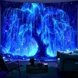 1pc Glowing Starry Night Tree Tapestry - Large Size Fluorescent Printed Banner, Polyester Fabric Wall Hanging for Bedroom, Office, Living Room Decor, No Installation Required, Indoor Use, Bedroom Wall Decor | Mystical Atmosphere | Vibrant P Decorative