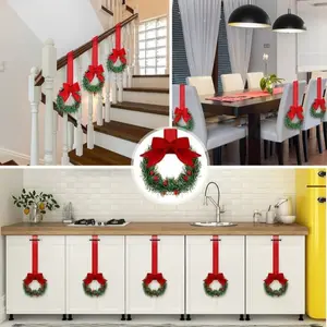 4 Piece Christmas Cabinet Wreath Set, Kitchen Decor with Ribbon Bow Berries, Small Window Wreaths for Holiday Parties