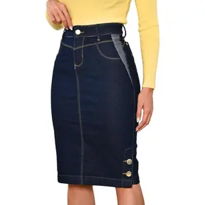 Straight Knee Length Stretch Denim Jean Skirt for Women Size 0-22 Regular and Plus Size Side Button Details