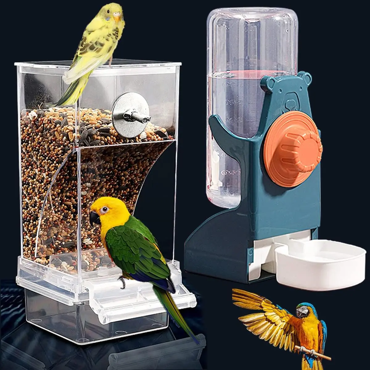 Plastic Hanging Bird Feeder & Water Dispenser Set Pack (2-Piece) - Anti-Spill, Splash-Proof, Anti-Tipping Hanging Kettle for Small Pets Like Hamsters, Feeders, Hanging Type
