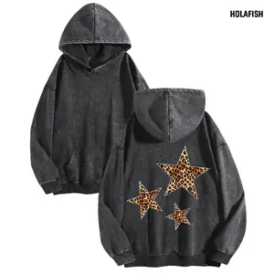 Holafish Retro Stylish Pentagram Print Hoodies Leopard Pentagram Hoodie Women's Vintage Acid Wash Oversized Hoodie, Streetwear Casual Casual Tunic Long Sleeve Pullover Hooded Sweatshirt