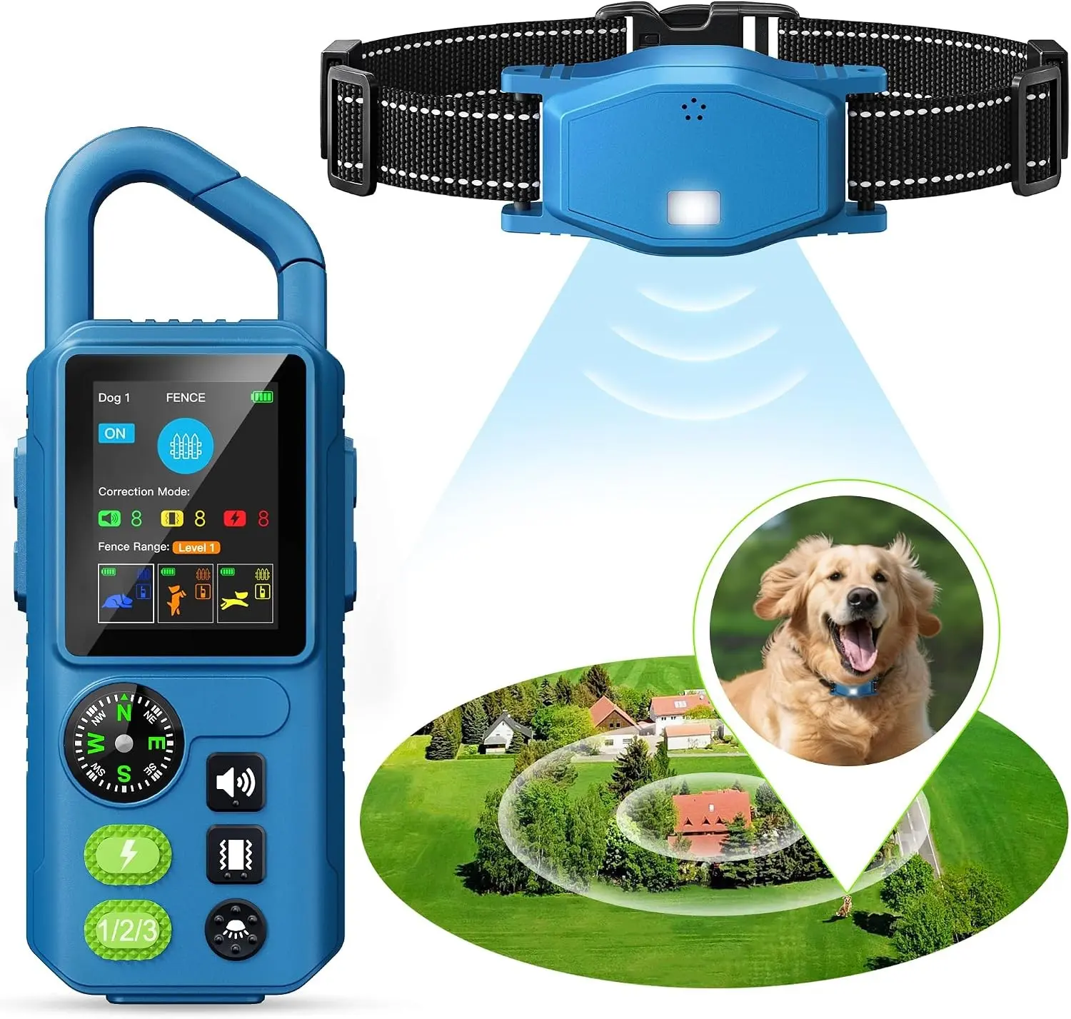 Dog Wireless Fence & Training Collar, 5-in-1 Electric Fence System for Dogs, Wireless Leash, Fence Range up to 394 Ft, Training Distance up to 3300 Ft, Includes Remote Control
