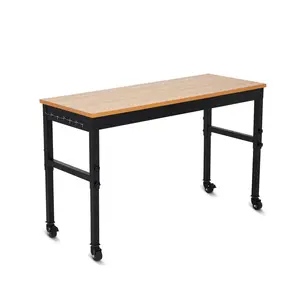 2500 LBS Heavy Duty Adjustable Height Workbench with Power Outlets, Solid Rubberwood Top Work Table for Garage & Workshop, Sturdy Steel Frame Computer Desk with Wheels/No Wheels, Multi-Size Tool Bench for Home Improvement, Black & Natural Wood
