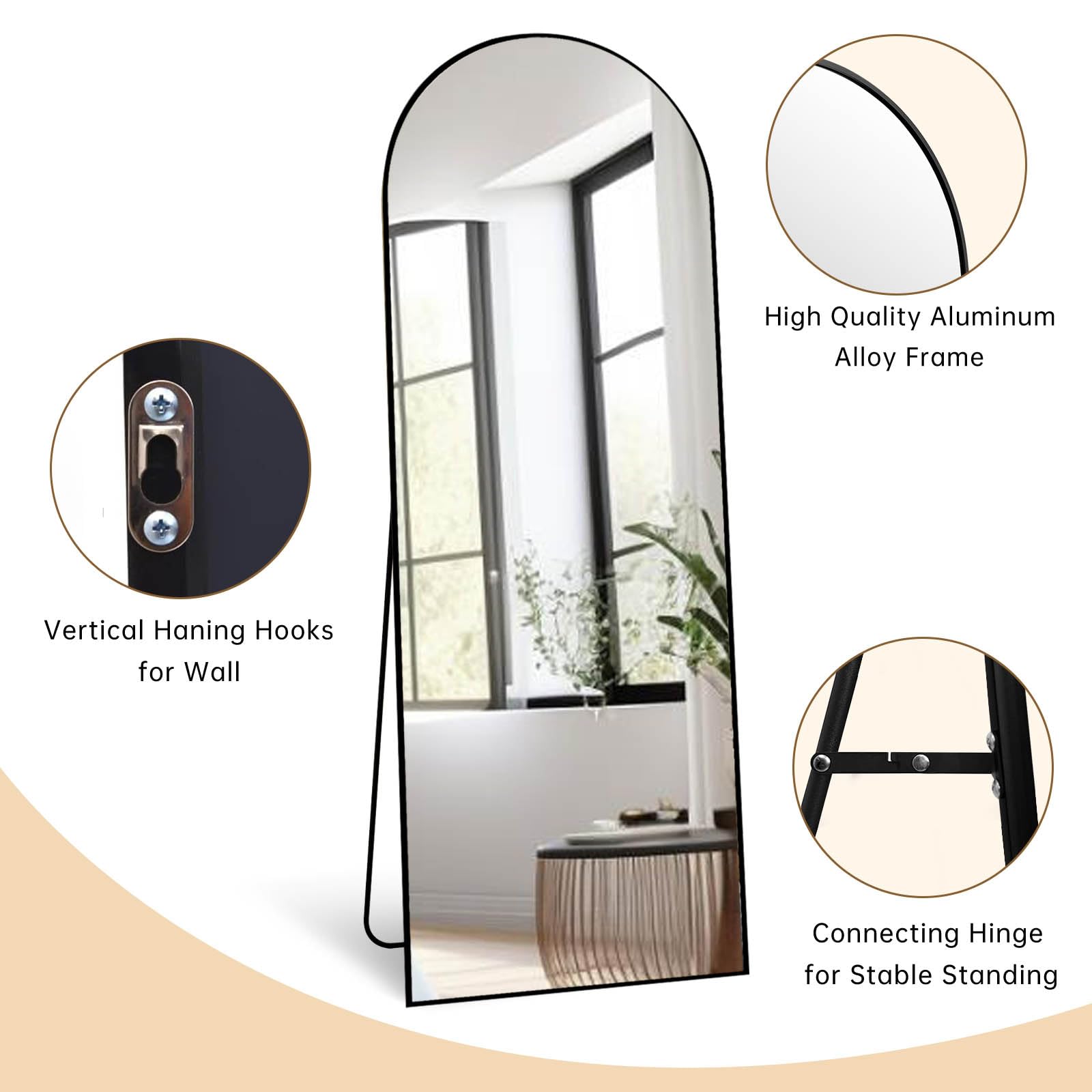 71"x26" Full Length Mirror Extra LargeMirror Full Length 71"x26" Full Body Floor Mirror with Stand, Shatterproof Glass, Aluminum Alloy Frame, Free Standing Wall Mounted or Leaning Arched Mirrors for Bedroom Living Room Entryway