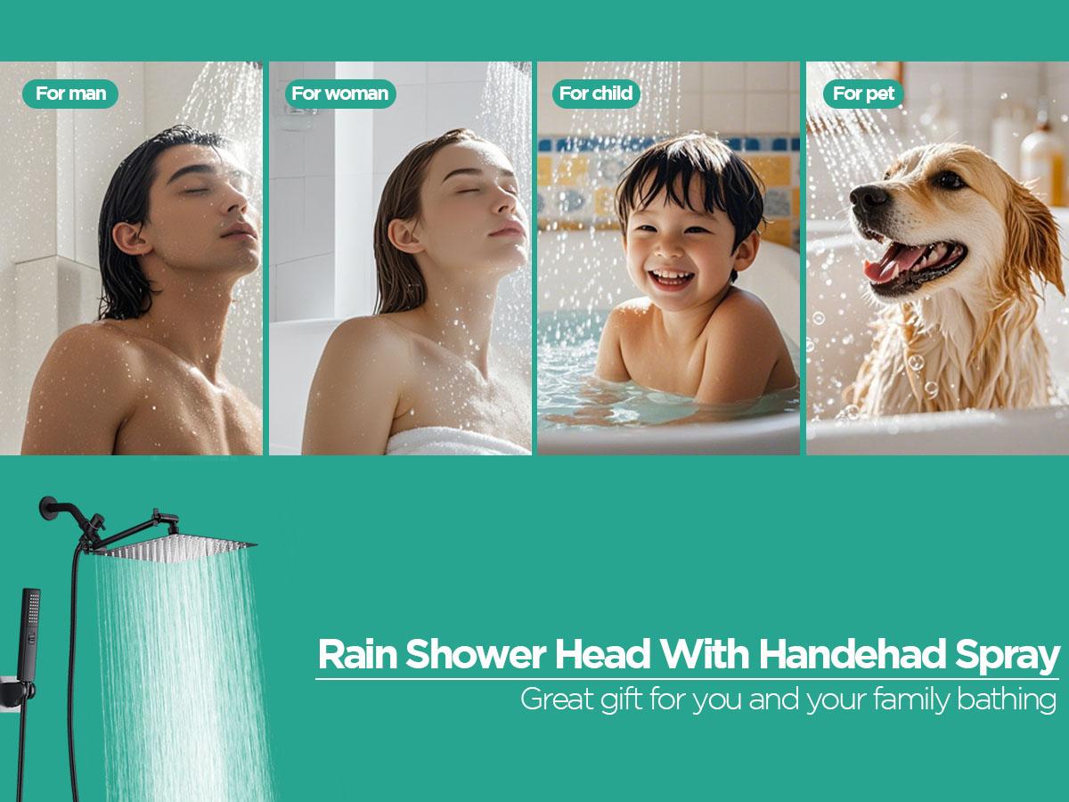 Shower Head Combo, 10 Inch High Pressure Rain Shower Head, Adjustable Extension Arm, Spray with Long Hose & Tools, Shower Equipment for Home Springtok