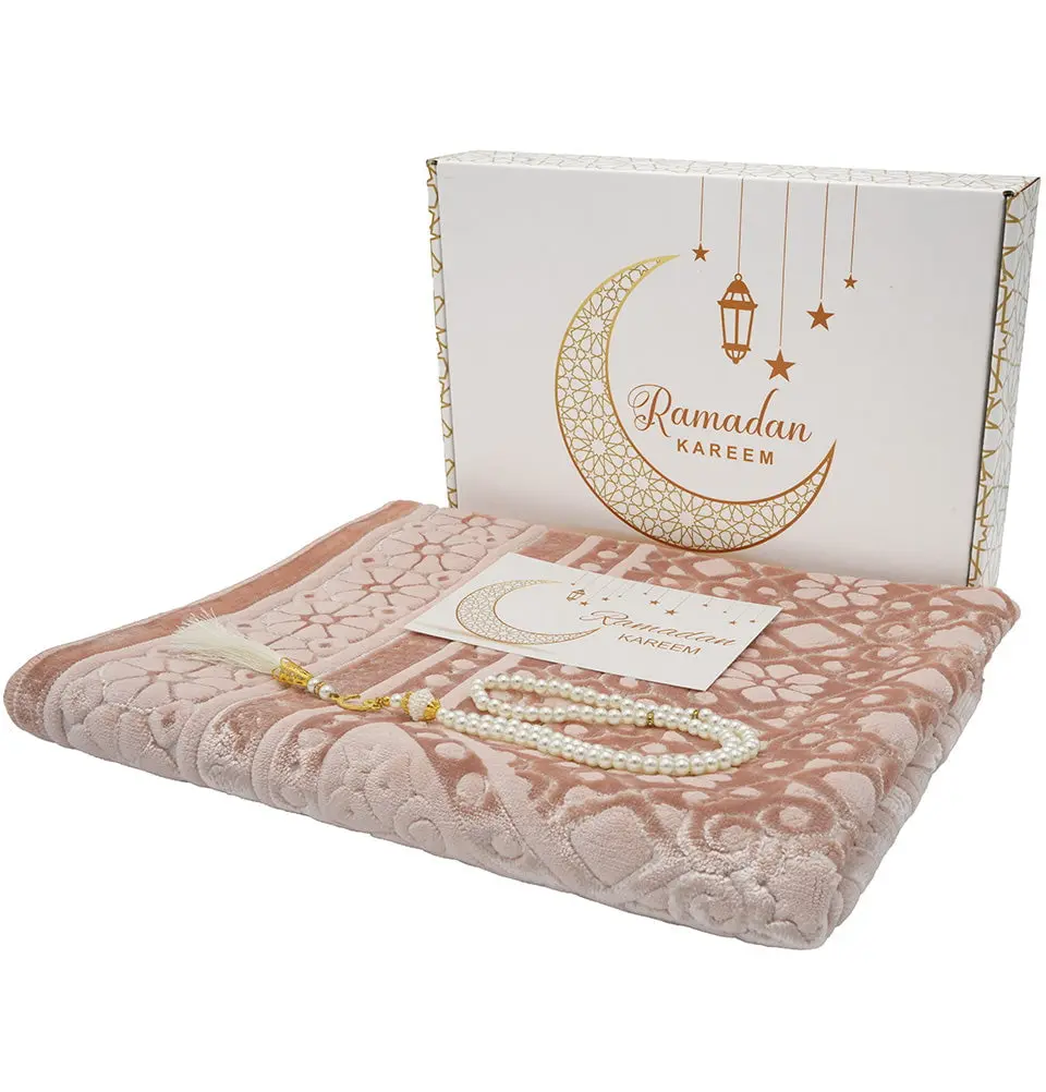 Luxury Velvet Prayer Rug Ramadan Gift Box Set with Prayer Beads - Floral Stamp Light Pink