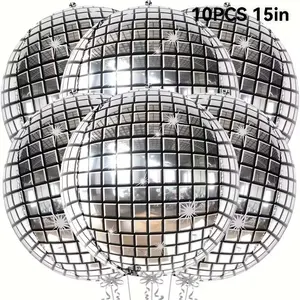 10pcs Silver Color Disco Ball Balloons, 4D Reflective Party Decor, Durable Aluminum Film, Various Sizes for Birthday, New Year, Cocktail Parties