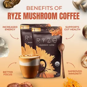 RYZE Mushroom Coffee Starter Kit, USDA Organic Instant Coffee with 6 Adaptogenic Mushrooms and MCT Oil for Better Energy, Focus, Digestion, Immunity with Turkey Tail, Shiitake, Lion's Mane, 60 serving