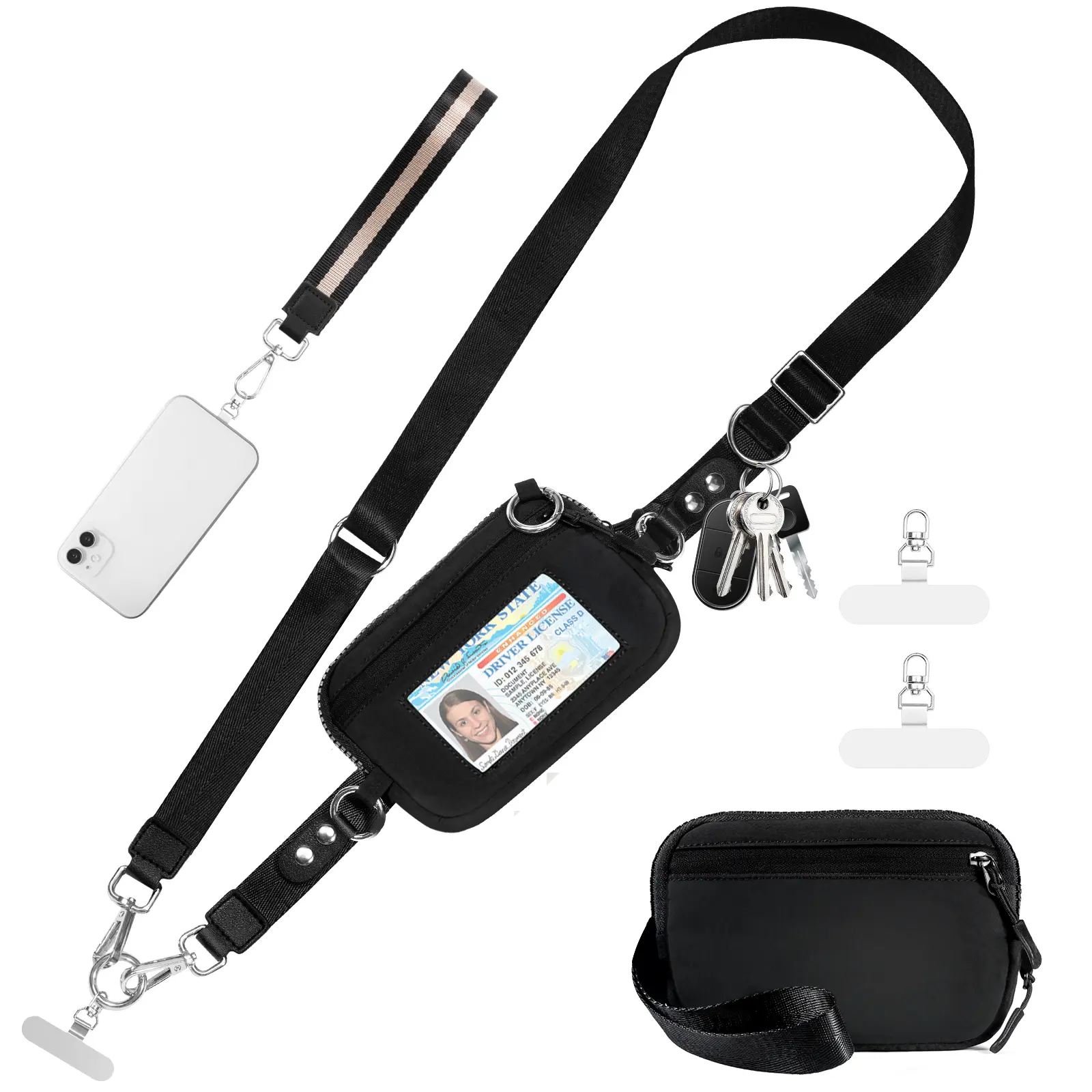 Adjustable Crossbody Phone Lanyard with Zippered Pouch - Clip and Go Strap for Phone and Wallet, Hands-Free Multifuctional Cell Phone Strap for Women/Men, Perfect for Travel, Running, Shopping